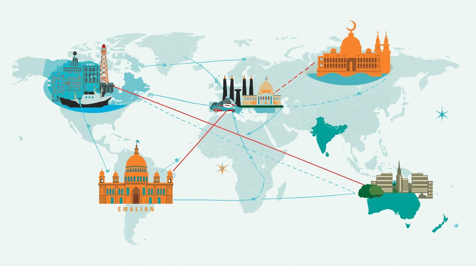 یک تصویر شماتیک که دانشآموزان را در حال سفر از بازنماییهای انتزاعی مختلف شهرهای ایران به مقاصدی در اروپای غربی، آمریکای شمالی و امارات نشان میدهد. طرح باید توپولوژیکی باشد، بدون هیچ نام آب، کشور یا نام شهر خاصی، با تمرکز بر مفهوم فرصتهای آموزشی و دسترسی جهانی.